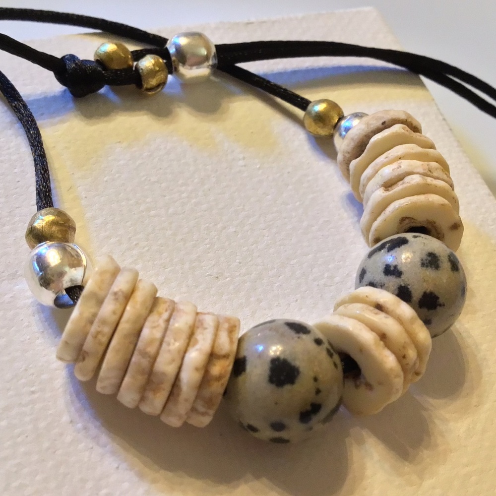 HAND CRAFTED Dalmatian Jasper Ostrich Eggshell Heishi Beads Black Satin Necklace